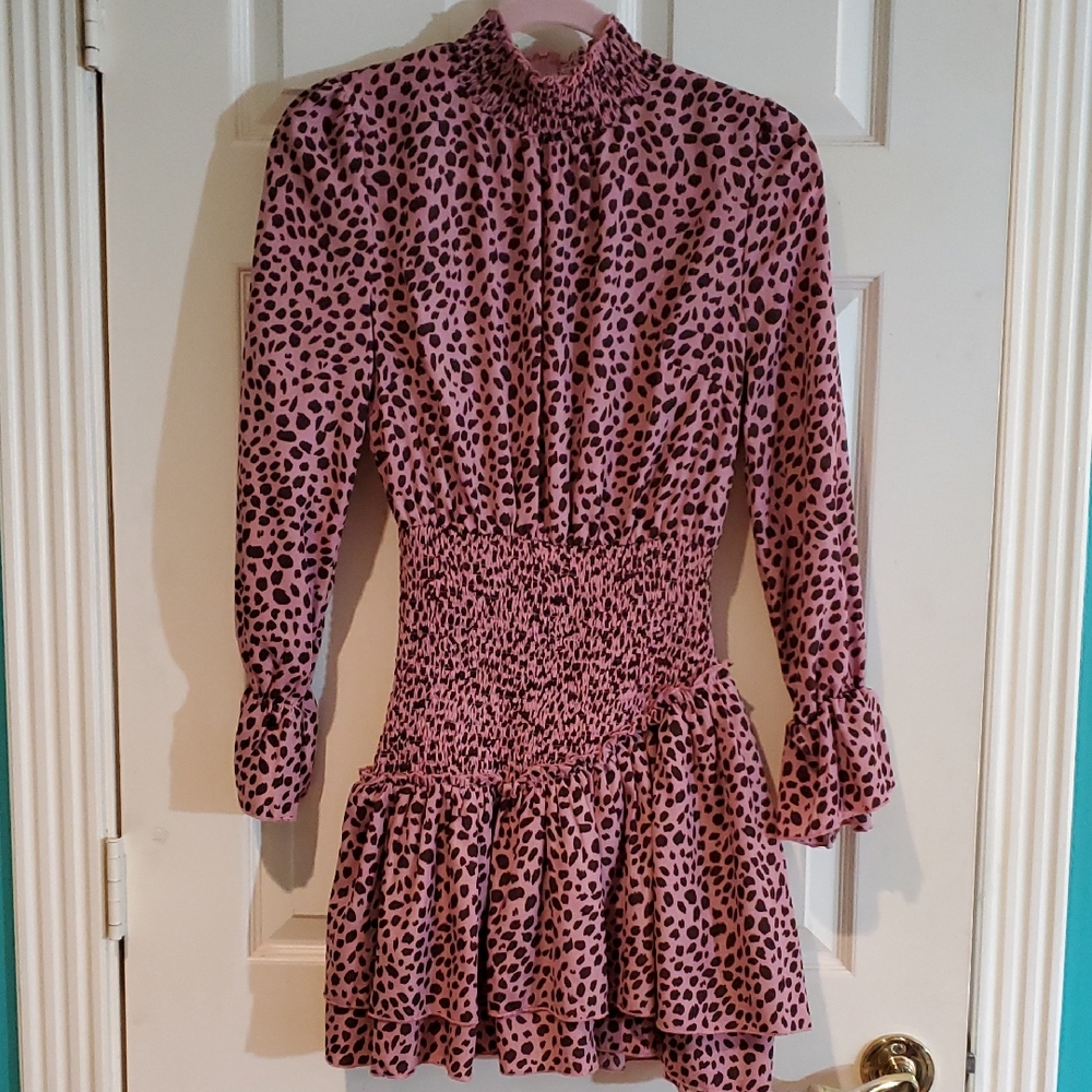 Main Strip Blush and Brown Animal Print Dress Small Flowy Ruffles